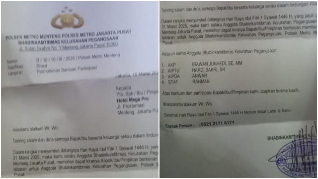 Viral Surat Permohonan THR Diduga dari Polsek Metro Menteng ke Pemilik Hotel