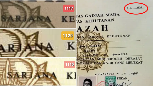 Penampakan Perbedaan Ijazah Fakultas Kehutanan UGM nomor 1120, dengan 1117 dan 1115