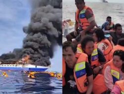 TNI AL Evakuasi Korban Kebakaran KM Barcelona 5 di Perairan Talise